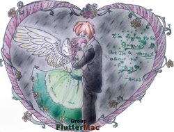 Size: 1025x780 | Tagged: safe, artist:pooky1402, imported from derpibooru, big macintosh, fluttershy, human, clothes, crying, dress, female, fluttermac, hug, humanized, male, rain, shipping, straight, suit, text, traditional art, winged humanization, wings