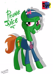 Size: 2480x3508 | Tagged: safe, artist:jowyb, imported from derpibooru, oc, oc only, oc:prune juice, earth pony, pony, 2013, bucktooth, clothes, earth pony oc, female, mare, old art, simple background, solo, white background
