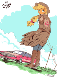 Size: 557x765 | Tagged: safe, artist:jowyb, imported from derpibooru, applejack, anthro, plantigrade anthro, 2014, boots, car, cowboy boots, looking back, old art, shoes, solo