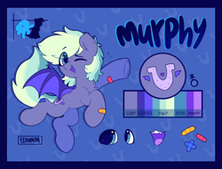 Size: 1398x1063 | Tagged: safe, artist:flixanoa, imported from derpibooru, oc, oc only, oc:murphy, bat pony, pony, bandaid, colored mouth, eye clipping through hair, flying, mascot, nonbinary, one eye closed, purple, reference sheet, solo, wink