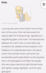 Size: 496x787 | Tagged: safe, imported from derpibooru, oc, oc only, oc:ruby, oc:ruby (story of the blanks), earth pony, ghost, ghost pony, pony, story of the blanks, female, glowing, glowing eyes, mare, text, wikia