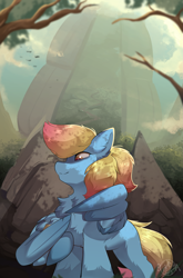 Size: 2509x3809 | Tagged: safe, artist:beardie, imported from derpibooru, oc, oc only, oc:merrifeather, pegasus, pony, cloud, colored wings, commission, female, looking down, low angle, mount aris, pegasus oc, sand, scenery, solo, tail, tree branch, two toned mane, two toned tail, two toned wings, vial, wing hands, wings