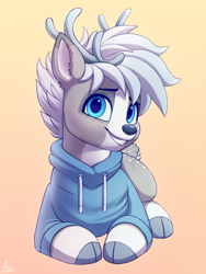 Size: 750x1000 | Tagged: safe, artist:luminousdazzle, imported from derpibooru, oc, oc only, oc:silver, deer, antlers, blue eyes, buck, clothes, cloven hooves, coat markings, deer oc, ear fluff, front view, grin, hoodie, looking at you, lying down, male, prone, signature, simple background, smiling, smiling at you, socks (coat markings), solo