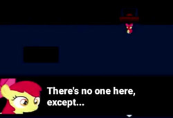 Size: 428x292 | Tagged: safe, imported from derpibooru, screencap, apple bloom, earth pony, pony, story of the blanks, bone, bow, dialogue, female, filly, fireplace, foal, game, hair bow, moments before disaster, rpg, skeleton, text, youtube link