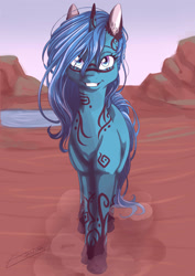 Size: 2059x2912 | Tagged: safe, artist:aryabehsk, imported from derpibooru, oc, oc only, oc:shadow stream, pony, unicorn, cute, desert, female, grin, mare, river, sand, smiling, solo, stream, tattoo, tribal, water, watermark