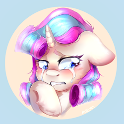 Size: 2150x2150 | Tagged: safe, artist:pozya1007, imported from derpibooru, oc, oc only, pony, unicorn, blushing, bust, crying, ears back, female, gritted teeth, high res, horn, looking away, mare, portrait, sad, signature, solo, teeth, two toned mane, unicorn oc