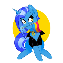 Size: 1600x1600 | Tagged: safe, artist:vivian reed, imported from derpibooru, oc, oc only, oc:sight unseen, pony, unicorn, blank flank, blue coat, blue mane, clothes, collar, commission, female, looking at you, mare, pansexual, pansexual pride flag, pride, pride flag, shirt, simple background, sitting, solo, straight hair, straight mane, tail, two toned mane, two toned tail, white background, ych result, yellow eyes