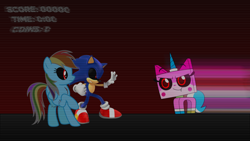 Size: 1920x1080 | Tagged: safe, artist:wesleyvianen, imported from derpibooru, rainbow dash, cat, hedgehog, pegasus, pony, unicorn, .exe, blood, clothes, crack, creepypasta, crossover, fangs, female, gloves, horn, lego, male, raised hoof, shoes, smiling, sonic the hedgehog, sonic the hedgehog (series), sonic.exe, text, unikitty, unikitty!, wings, zalgo, zip lines