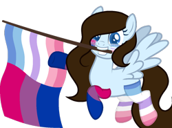 Size: 1040x768 | Tagged: safe, artist:yeetmedownthestairs, imported from derpibooru, oc, oc only, oc:krissy, pegasus, pony, bigender, bigender pride flag, bisexual pride flag, clothes, commission, face paint, flag, grin, hair over one eye, mouth hold, pride, pride flag, pride month, raised hoof, raised leg, simple background, smiling, socks, solo, striped socks, transparent background, ych result