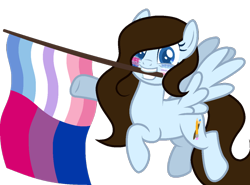 Size: 1040x768 | Tagged: safe, alternate version, artist:yeetmedownthestairs, imported from derpibooru, oc, oc only, oc:krissy, pegasus, pony, bigender, bigender pride flag, bisexual pride flag, commission, face paint, flag, grin, hair over one eye, mouth hold, pride, pride flag, pride month, raised hoof, raised leg, simple background, smiling, solo, transparent background, ych result