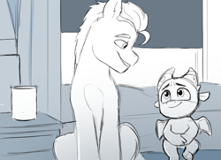 Size: 863x626 | Tagged: safe, artist:justinmacklis, imported from derpibooru, hitch trailblazer, dragon, earth pony, pony, baby, baby dragon, duo, eyebrows, father and child, father and son, g5, james marsden, looking at each other, looking at someone, male, monochrome, papa hitch, reference, sitting, smiling, smiling at each other, sonic the hedgehog (series), sparky sparkeroni, stallion, voice actor joke