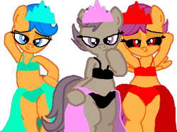 Size: 959x719 | Tagged: safe, artist:angrymetal, imported from derpibooru, scootaloo, oc, oc:scootagen, pegasus, pony, .exe, bedroom eyes, bipedal, bra, clothes, crown, fanart, female, filly, foal, jewelry, panties, rainbow.exe, regalia, simple background, smiling, transparent background, zalgo