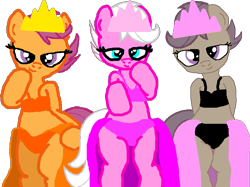 Size: 959x719 | Tagged: safe, artist:angrymetal, imported from derpibooru, scootaloo, oc, oc:sparkle glitter, pegasus, pony, bedroom eyes, bipedal, bra, clothes, crown, fanart, female, filly, foal, jewelry, panties, rainbow.exe, regalia, simple background, smiling, transparent background, zalgo