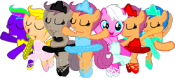 Size: 960x431 | Tagged: safe, artist:angrymetal, imported from derpibooru, scootaloo, oc, oc:dark dash, oc:female hedgefox, oc:scootagen, oc:sparkle glitter, pegasus, pony, .exe, ballerina, ballet, ballet slippers, bipedal, clothes, crown, dancing, eyes closed, fanart, female, filly, foal, jewelry, rainbow.exe, regalia, simple background, smiling, transparent background
