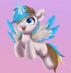 Size: 1280x1320 | Tagged: safe, artist:joaothejohn, imported from derpibooru, oc, oc only, oc:jeylie, alicorn, pony, alicorn oc, commission, cute, flying, horn, looking up, magic, simple background, wings