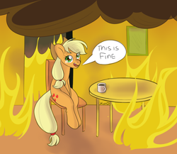 Size: 1702x1477 | Tagged: safe, artist:xwosya, imported from derpibooru, applejack, earth pony, pony, chair, cup, fire, looking at you, meme, room, sitting, smiling, solo, table, talking to viewer, teacup, text, this is fine, this will end in death