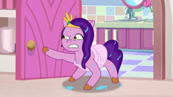 Size: 3300x1849 | Tagged: safe, imported from derpibooru, screencap, pipp petals, pegasus, pony, spoiler:g5, spoiler:my little pony: tell your tale, spoiler:tyts01e13, angry, dumpster diving, female, g5, gritted teeth, high res, mare, my little pony: tell your tale, pipp petals is not amused, solo, squint, teeth, towel, unamused, we don't normally wear clothes, wet, wet mane