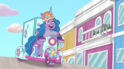 Size: 3300x1849 | Tagged: safe, imported from derpibooru, screencap, izzy moonbow, pony, unicorn, spoiler:tyts01e13, dumpster diving, female, g5, helmet, high res, mare, my little pony: tell your tale, open mouth, riding, scooter, smiling, solo, starry eyes, wingding eyes