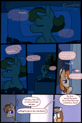 Size: 3000x4500 | Tagged: safe, artist:storyteller, imported from derpibooru, oc, oc:omelette, earth pony, pony, comic:eavesdrop, bed, bedroom, colt, comic, dialogue, foal, male, night, poster, sleeping, sneaking, solo focus, speech bubble