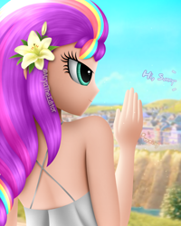 Size: 1200x1500 | Tagged: safe, artist:aryatheeditor, imported from derpibooru, sunny starscout, equestria girls, adorasexy, bare shoulders, clothes, cute, digital art, equestria girls-ified, eyebrows, female, flower, flower in hair, g5, g5 to equestria girls, generation leap, glow, looking at you, maretime bay, my little pony: a new generation, outfit, pose, race swap, sexy, shiny, sleeveless, smiling, smiling at you, solo, subtitles, sunnybetes, sunnycorn, waving