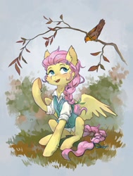 Size: 1682x2224 | Tagged: safe, artist:koviry, imported from derpibooru, fluttershy, bird, pegasus, pony, braid, clothes, female, forest, shirt, solo, sweater vest, tree branch