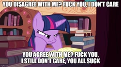Size: 888x499 | Tagged: safe, edit, edited screencap, imported from derpibooru, screencap, twilight sparkle, alicorn, pony, castle mane-ia, book, caption, frown, fuck you, golden oaks library, imgflip, reading, solo, text, twilight sparkle (alicorn), vulgar