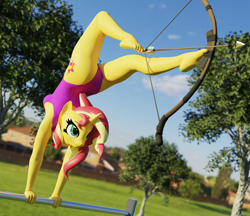 Size: 3840x3320 | Tagged: safe, alternate version, artist:shadowboltsfm, imported from twibooru, sunset shimmer, anthro, plantigrade anthro, unicorn, 3d, archery, arrow, barefoot, between toes, blender, bow (weapon), bow and arrow, breasts, clothes, different angle, eyelashes, feet, female, flexible, foot hold, high res, huntsman, image, legs, leotard, not sfm, png, smiling, solo, sports, team fortress 2, tree, weapon