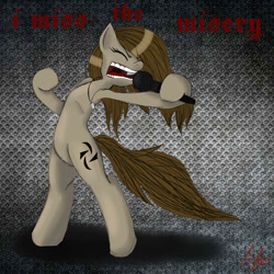 Size: 1024x1024 | Tagged: safe, artist:missredmoon1, imported from ponybooru, earth pony, pony, bipedal, female, halestorm, i miss the misery, jewelry, lzzy hale, mare, metal as fuck, microphone, necklace, open mouth, ponified, singing, solo, song reference, teeth, title card