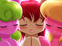 Size: 3000x2250 | Tagged: safe, artist:phoenixperegrine, imported from twibooru, daisy, flower wishes, lily, lily valley, roseluck, pony, blushing, eyes closed, female, flower trio, image, imminent kissing, mare, needs more jpeg, open mouth