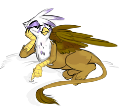 Size: 1296x1173 | Tagged: artist needed, safe, imported from twibooru, gilda, griffon, image, looking away, lying down, png, poking, tail, wings