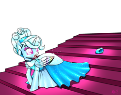 Size: 1590x1251 | Tagged: safe, artist:questionmarkdragon, imported from derpibooru, oc, oc only, alicorn, pony, alicorn oc, cinderella, clothes, colored wings, dress, female, glass slipper (footwear), horn, looking back, mare, multicolored wings, simple background, solo, stairs, white background, wings