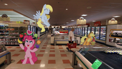 Size: 1365x768 | Tagged: safe, artist:ocarina0ftimelord, artist:sunley, imported from derpibooru, applejack, derpy hooves, pinkie pie, earth pony, human, pegasus, pony, apple, banana, bipedal, female, food, grapes, grocery store, herbivore, irl, mare, market basket, muffin, orange, pear, photo, ponies in real life, strawberry, watermelon