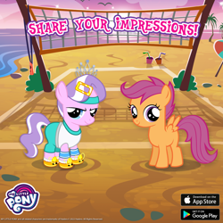 Size: 1080x1080 | Tagged: safe, imported from derpibooru, diamond tiara, scootaloo, advertisement, beach, gameloft, official, sports, tree, volleyball net