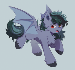 Size: 1295x1225 | Tagged: safe, artist:floweryoutoday, imported from derpibooru, oc, oc only, oc:scrimmy, bat pony, pony, bat pony oc, bat wings, fangs, flying, heterochromia, looking at you, male, open mouth, simple background, solo, spread wings, stallion, unshorn fetlocks, wings