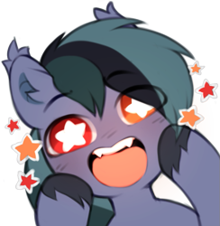 Size: 607x621 | Tagged: safe, artist:astralblues, imported from derpibooru, oc, oc only, oc:scrimmy, bat pony, pony, :d, bat pony oc, fangs, heterochromia, looking at you, male, open mouth, open smile, simple background, smiling, smiling at you, solo, stallion, starry eyes, transparent background, unshorn fetlocks, wingding eyes