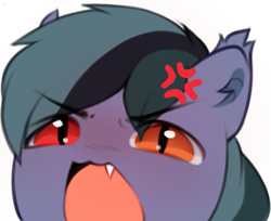 Size: 641x523 | Tagged: safe, artist:astralblues, imported from derpibooru, oc, oc only, oc:scrimmy, bat pony, pony, angry, angry dog noises, bat pony oc, fangs, heterochromia, looking at you, male, meme, open mouth, simple background, solo, stallion, transparent background