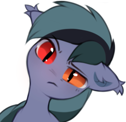 Size: 615x596 | Tagged: safe, artist:astralblues, imported from derpibooru, oc, oc only, oc:scrimmy, bat pony, pony, bat pony oc, head tilt, heterochromia, looking at you, male, raised eyebrow, simple background, solo, stallion, transparent background