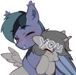 Size: 609x602 | Tagged: safe, artist:astralblues, imported from derpibooru, oc, oc only, oc:scrimmy, bat pony, pony, bat pony oc, bat wings, commission, eyes closed, fangs, hug, male, simple background, smiling, stallion, transparent background, unshorn fetlocks, wings, your character here