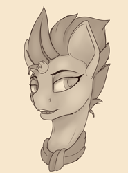 Size: 1600x2160 | Tagged: safe, artist:tenebrisnoctus, imported from derpibooru, fizzlepop berrytwist, tempest shadow, pony, unicorn, broken horn, bust, clothes, eye scar, female, horn, mare, monochrome, portrait, scar, scarf, sketch, smiling, solo