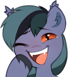 Size: 538x611 | Tagged: safe, artist:astralblues, imported from derpibooru, oc, oc only, oc:scrimmy, bat pony, pony, bat pony oc, fangs, laughing, looking at you, male, open mouth, simple background, solo, stallion, transparent background, unshorn fetlocks