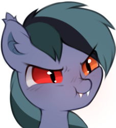 Size: 557x614 | Tagged: safe, artist:astralblues, imported from derpibooru, oc, oc only, oc:scrimmy, bat pony, pony, angry, bat pony oc, cute, fangs, heterochromia, male, ocbetes, scrunchy face, simple background, solo, stallion, transparent background