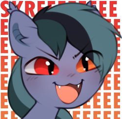Size: 612x600 | Tagged: safe, artist:astralblues, imported from derpibooru, oc, oc only, oc:scrimmy, bat pony, pony, >:d, bat pony oc, cute, ear fluff, fangs, heterochromia, male, ocbetes, open mouth, simple background, skree, solo, stallion, text, transparent background