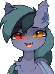 Size: 665x903 | Tagged: safe, artist:astralblues, imported from derpibooru, oc, oc only, oc:scrimmy, bat pony, pony, bat pony oc, bat wings, chest fluff, cute, ear fluff, eyebrows, eyebrows visible through hair, fangs, heterochromia, looking at you, male, ocbetes, simple background, solo, stallion, transparent background, wings