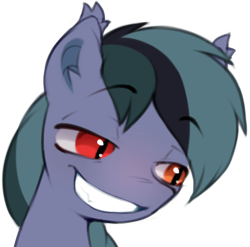 Size: 602x594 | Tagged: safe, artist:astralblues, imported from derpibooru, oc, oc only, oc:scrimmy, bat pony, pony, bat pony oc, ear fluff, fangs, gritted teeth, heterochromia, male, simple background, smug, solo, stallion, teeth, transparent background