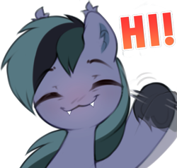 Size: 609x579 | Tagged: safe, artist:astralblues, imported from derpibooru, oc, oc only, oc:scrimmy, bat pony, pony, bat pony oc, cute, ear fluff, fangs, looking at you, male, ocbetes, raised hoof, simple background, solo, stallion, text, transparent background, unshorn fetlocks, waving, waving at you