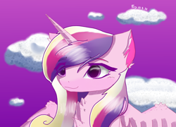 Size: 2560x1840 | Tagged: safe, artist:emmiiv, imported from derpibooru, princess cadance, alicorn, pony, chest fluff, cloud, ear fluff, eyebrows, eyebrows visible through hair, female, high res, mare, signature, sky, smiling, solo
