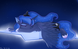 Size: 2560x1640 | Tagged: dead source, safe, artist:emmiiv, imported from derpibooru, princess luna, alicorn, pony, eyes closed, female, lying down, mare, night, prone, sleeping, solo, spread wings, stars, wings