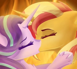 Size: 1569x1398 | Tagged: safe, artist:emmiiv, imported from derpibooru, starlight glimmer, sunset shimmer, pony, unicorn, equestria girls, duo, eyes closed, female, kiss on the lips, kissing, lesbian, mare, shimmerglimmer, shipping