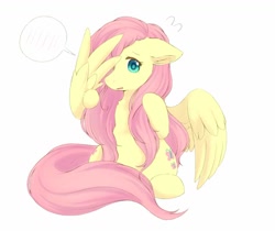 Size: 1024x862 | Tagged: safe, artist:oliver aleu, imported from derpibooru, fluttershy, pegasus, pony, covering, female, simple background, solo, white background, wing covering, wings