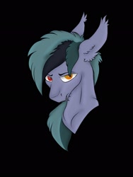 Size: 1536x2048 | Tagged: safe, artist:darumemay, imported from derpibooru, oc, oc only, oc:scrimmy, bat pony, pony, bat pony oc, black background, bust, ear fluff, eyebrows, fangs, heterochromia, looking at you, male, portrait, simple background, solo, stallion